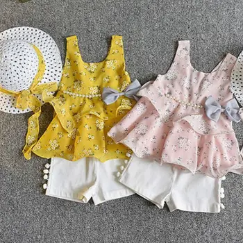 Jaunā Princese Meitene Ziedu Drēbes Mazulis Meitenes Vasaras Apģērbs Mazulim Mežģīņu Ziedu Top+Balts Īss Elsas+Klp Bērnu Modes 2gab Apģērbs