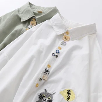Krāsains pogas maigo roku darbs pogas peter pan apkakli, garām piedurknēm kokvilnas krekls kaķis kitty izšūšana krekls mori meitene