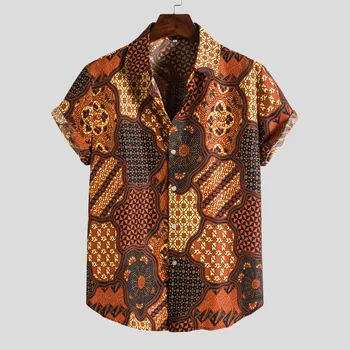 Feitong Vintage Krekls Vīriešiem Etniskā Īsām Piedurknēm Ikdienas Drukas Havaju Krekls Camisas Masculina Blūze Svētku Pludmales Krekls