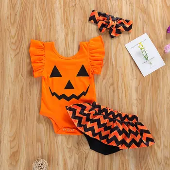 0-18M Zīdaiņiem Jaundzimušo Bērnu Girl Halloween Tērpi Ķirbju Peld Piedurknēm Jumpsuit + Bikses + Galvas Kopa