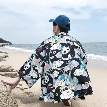 Japāņu Kimono, Krekli, Bikses, Komplekti Ķīniešu Panda Iespiesti Mens Casual Uzvalks Camisa Beachwear Streetwear Hawaii Blūze Šorti Komplekts