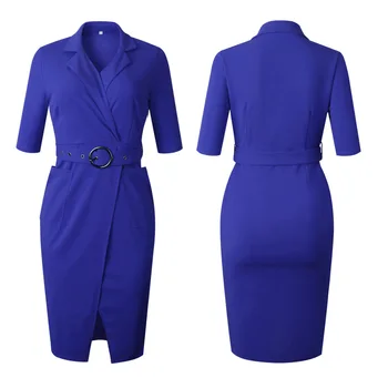 HGTE 2019. gada pavasarī Elegantu zilu melns uzvalks sieviešu biroja kleitu, Liela izmēra Uzvalks apkakles biznesa puse nelegālo lady kleita Bez jostas