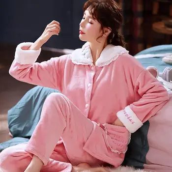 Princese Sleepwear Sieviešu Rozā Flaneļa Pidžamas Seksu Karstā Ziemas Uzstādīt Sieviešu Pidžamas Komplekts Pilnu Piedurknēm Pogas, Kreklu Homewear Lielo Izmēru
