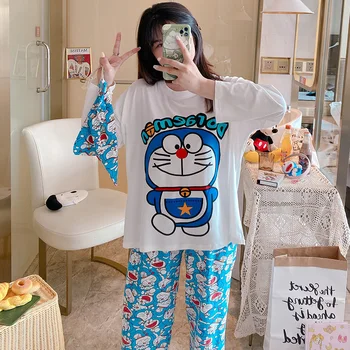 Tonngirls Sieviešu Pidžamas Komplekts Karikatūra Izdrukāt Sleepwear Japāņu Stila Pidžamas Doraemon Homewear Uzvalku Ar Garām Piedurknēm Pijama Mujer Jaunas