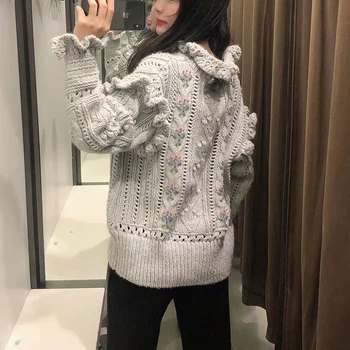 ZA 2020. gadam Sieviešu Rudens izšūti adīšanas augstu uzrullētu apkakli Savirmot džemperis ziemas Džemperis Meitene ar garām Piedurknēm Gadījuma Zaudēt Adīt Džemperi