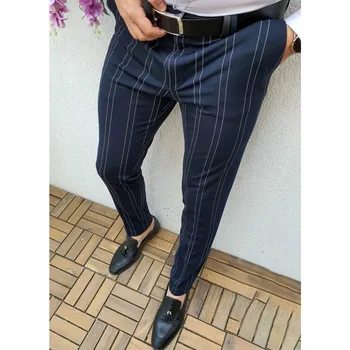 Vīriešu Bikses Svītrainām garajām Biksēm korejas Apģērbu Biznesa Streetwear Slim Fit Uzvalku, Vīrietis Apakšā Modes Darba Melns Classic Elastīgs