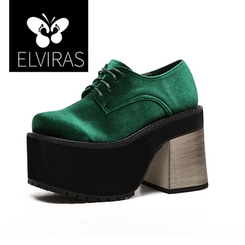 ELVIRAS 2019 Jaunu Modes Pavasara Rudens augstpapēžu kurpes Ikdienas Apavi Sieviete Melnā, Zaļā Apaļu Purngalu Platforma Sūkņi Sievietēm Cilpu Saime