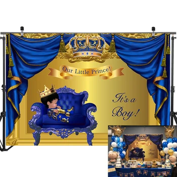 Royal Baby Dušas Fons Mazais Princis Baby Boy, Fotogrāfijā Fona Zilas, Zelta Aizkaru Bērnu Duša Puse Banner Apdare