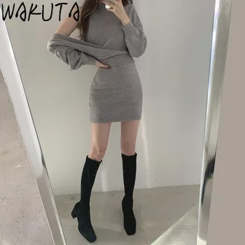 WAKUTA Elegants Adīt 2 Gabals, kas Sievietes Sexy Pie Pleca Slaids Viduklis Džemperis un Siksna Mini Bodycon Kleita korejas Modes Tērpiem