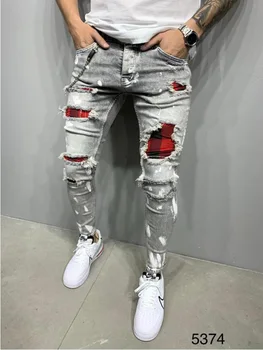 2020. Gada Eiropas Amerikāņu Modes Jaunu Lokomotīvju Plāksteris Moderns Zīmola Hip-Hop Džinsi Stiept Slim Vīriešu Džinsa Gadījuma Bikses Visos Gadalaikos