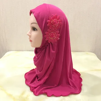 Kristāla Kaņepju Meitenes Amira Musulmaņu Lakatu Instant Hijabs Skaistu Dimantu Divi Ziedi Šalle Wrap Galvu, Lai Bērni 2-7 Gadus Veci