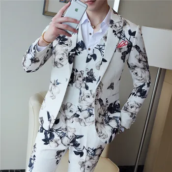 Kāzu Balli Ziedu Kostīmi Vīriešu Modes Mens 3 Gabals Slim Līgavainis Uzvalku Melnā un Baltā krāsā Iespiests Smokings Vīriešu Žakete+Veste+Bikses