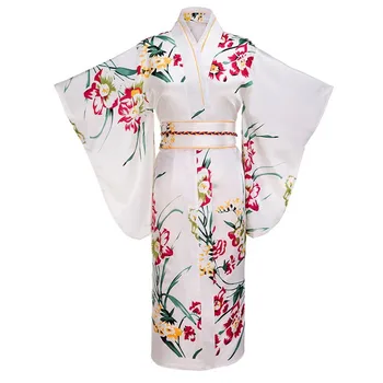 Balts Japāņu Sieviešu Modes Tradīciju Yukata Viskozes Zīda Kimono, Ar Obi Ziedu Vintage Cosplay Kostīmu Vakara Kleitu Viens izmērs