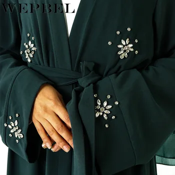 WEPBEL Rheinstones Pilnu Piedurknēm Sieviešu V Kakla Kleita Musulmaņu Abaya Kimono tīrtoņa Krāsu Ruffles Dāmas Sen Maxi Kleitas