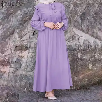 Sieviešu Retro Musulmaņu Abaya Kaftan Gara Kleita ZANZEA Dubaija Caftan Marokens Ruffles Vestidos Ilgi Puff Piedurknēm Cieto Maxi Sundress