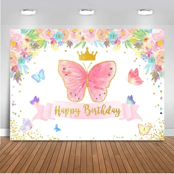 Tauriņš fons happy birthday fona, par foto atvašu ziedu vainagu rozā meitenes zēni dzimšanas dienas tēmu puse dekori photocall