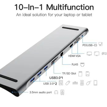 10 In 1 Multi USB C HUB Naar HDMI-saderīgam VGA, USB Audio Adapter Voor MacBook C Tipa RUMBU dokstacija voor Klēpjdators