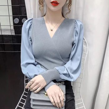 Laternu Piedurknēm Seksīga Trikotāžas V-Veida Kakla Top Mujer Korejas Modes Elegants Sieviešu Līmēšana Šifona Džemperis, Krekls 