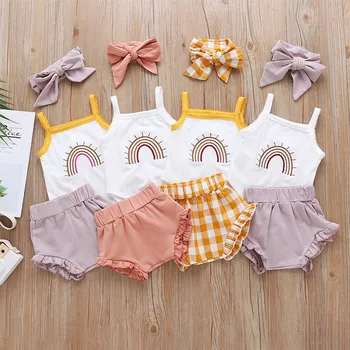SAGACE Vasaras Jaundzimušais Meiteņu Apģērbu Komplekti Zeķu Varavīksnes Topi+Ruched Bikses+Galvassegu bērnu apģērbu kostīms meitenēm mazulis