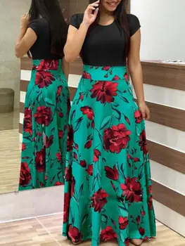 2019 Sieviešu Vasaras Boho Kleitas, Elegants Ziedu Drukāt Gadījuma Sen Maxi Vakara Puse Īsām Piedurknēm Kleita Sieviešu Apģērbs