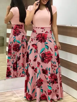 2019 Sieviešu Vasaras Boho Kleitas, Elegants Ziedu Drukāt Gadījuma Sen Maxi Vakara Puse Īsām Piedurknēm Kleita Sieviešu Apģērbs