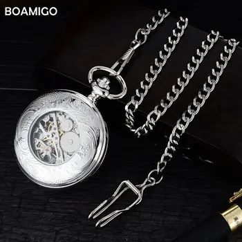 FOB vīriešu kabatas pulksteņi, antikvariāts mehāniskās skatīties BOAMIGO zīmola skelets romiešu numuru pulksteņi sudraba ķēdes dāvanu pulkstenis reloj hombre