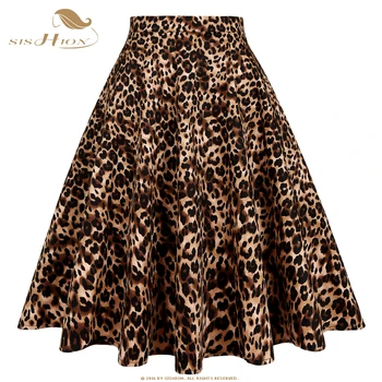 SISHION Līnijas, Lielās Šūpoles XS-XXL Plus Izmēra, Leoparda Svārki SS0007 Augsta Vidukļa Kokvilnas Sieviešu Dāmas Sexy 50s 60s Midi Vintage Svārki
