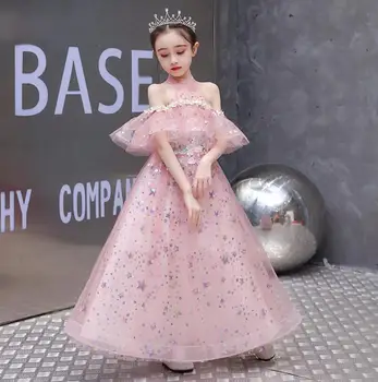 Rozā Mežģīņu Ziedu Vintage Izšuvumi Meitenes Kleita Sequin Tilla Ceremonija Apģērbu Tutu Puse Princese Kleita Bērniem, Kāzu Vestidos