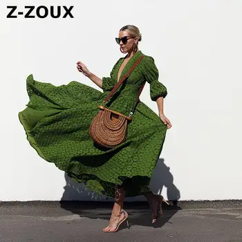 Z-zoux Sievietes Kleitu Puff Piedurknēm V-veida kakla Drukāt Kleitas Plus Lieluma Vintage Sexy Drukāt Garās Kleitas 2020 