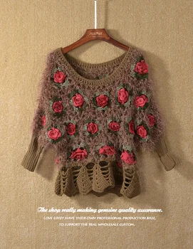 20119 Īsām Piedurknēm 3D Rose Puķu Mohēra Džemperi Sievietēm Dobi No Trikotāžas Džemperi Dāma Īsām Piedurknēm Ziedu, Ziedu Džemperis
