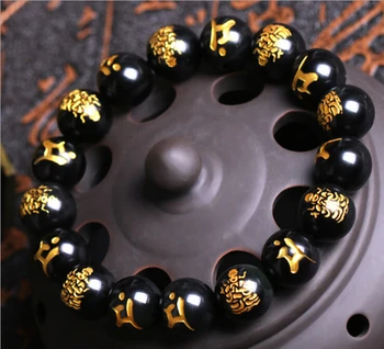 10MM Augstas Kvalitātes dabiskus Zelta Drukāšanas Black Obsidian Cirsts Budas Laimīgs Amuletu Apaļas Pērles Aproce Sievietēm, Vīriešiem Aproce