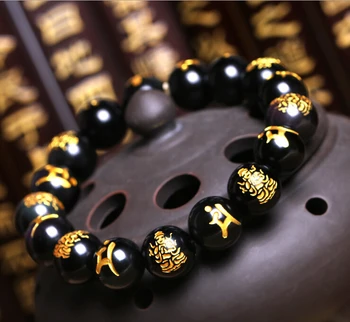 10MM Augstas Kvalitātes dabiskus Zelta Drukāšanas Black Obsidian Cirsts Budas Laimīgs Amuletu Apaļas Pērles Aproce Sievietēm, Vīriešiem Aproce