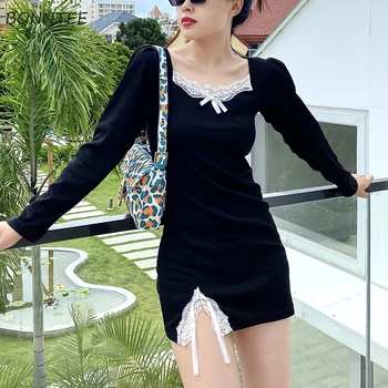 Ar Garām Piedurknēm Kleita Sievietēm Korejas Vintage Stila Mežģīnēm Raibs Mini Melns Elegants Laukumā Apkakles Retro Pavasara Koledžas Elegants Moderns