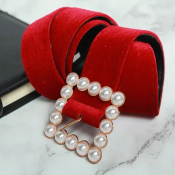 Modes Moderns Sarkanā Samta Perlamutra Pogu Sieviešu Jostas 2019 Pērle Sprādzes Flaneļa Aprikožu Jostu Meitenēm Luksusa Kleita Ceinture