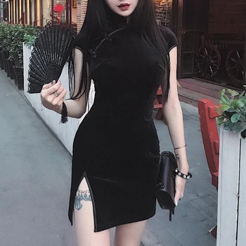 Artsu Gothic Black Mini Kleitas Slīdēšanas Bodycon Klubs Puse Vasaras Tumsā Kleita Sievietēm 