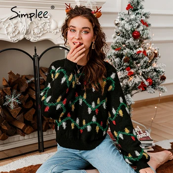 Simplee Gadījuma lapas Ziemassvētku Džemperis Ziemas Black Silts sieviešu Džemperis Ielu modes apaļu kakla trikotāžas džemperis 2020 jaunas