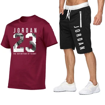 Vasaras vīriešu un sieviešu modes tendence Jordānija 23 uzvalks gadījuma sports īsām piedurknēm T-krekls + sporta bikses darbojas sporta tērps