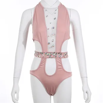 Karstā Pārdošanas Vasarā Bling Rhinestones Redzēt Cauri Peldkostīmu Raibs High Cut Bodysuit Peldkostīmi Piejūras Sievietes Bikini Viens Gabals