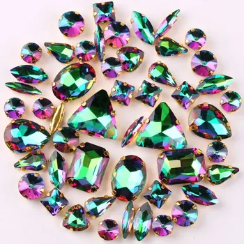 Zelta raust uzstādījumi 50gab/soma, formas samaisa krāsains Emerald stikla kristāla piešūt rhinestone apģērbi, apavi, somas diy apdare
