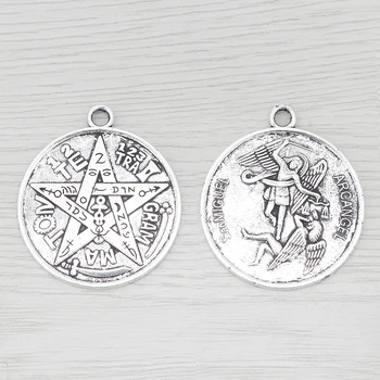 6 x Tibetas Sudraba Liela Tetragrammaton Pentagramma Piekariņi, Kuloni, Wiccan Pagānu par Kaklarota Rotaslietu izgatavošana 35mm