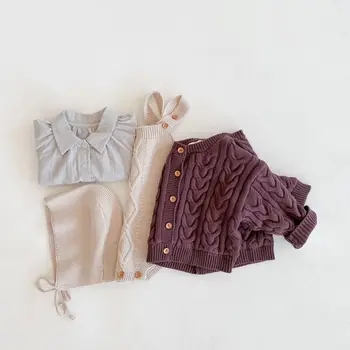 Rudenī un ziemas apģērbu zīdaiņiem adīt džemperis + Linga Romper + lelle apkakli, garām piedurknēm krekls maz meitene apģērbs