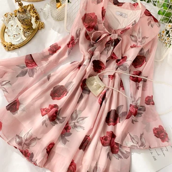 Sieviešu Kleita 2019 Salds Ziedu Drukāt O-apkakles Nieru Slim Sleeve Šifona Īss Mini Kleitas-line Vestidos G791