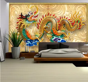 Pielāgot sienas tapetes luksusa Eiropas 3D golden dragon skulptūru fonā sienas