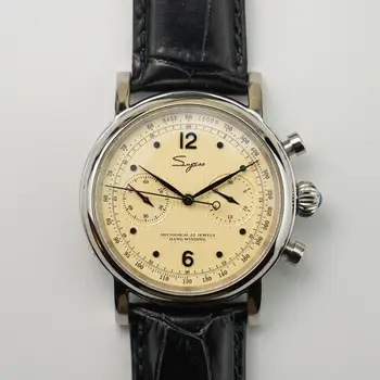 Sugess Īstas Ādas Band Kaija Chronograph Kustību ST1901 Izmēģinājuma Mens Vintage Kleitu Skatīties Safīra Mehāniskās rokas Pulkstenis