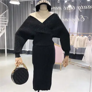 Rudens bling trikotāžas 2 gabals, kas sievietēm laternu piedurknēm v kakla džemperis elastīgs viduklis trikotāžas svārki sieviešu džemperis uzvalks 2019