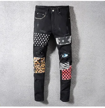 Jauns Vīriešu vīriešu kniedes zvaigznes iespiesti raibs melni džinsi, Moderns streetwear slim fit stiept džinsa zīmuli bikses Ripped bikses