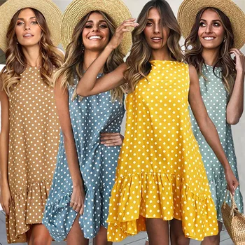 Sieviešu Pavasara Kleitu Modes Polka Dot Drukāt Dāmas Ikdienas Apģērbu Ar Garām Piedurknēm Mini Īss Zaudēt Dzeltenās Kleitas 2020