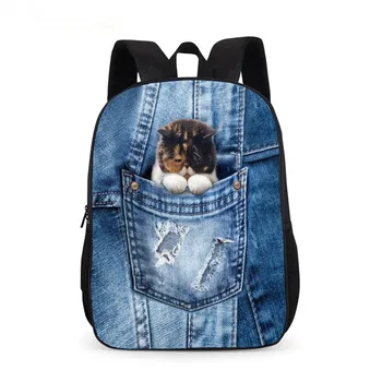 Gudrs 3D dzīvnieku zilās džinsa kabatas kaķis kaķēns drukāt zēns un meitene skolas soma pamatskolas mugursoma bērnu radošo mugursoma
