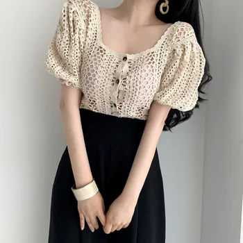 Korejas Elegants Vintage Vienu-krūšu Ziedu Izšuvumu Trikotāžas 2021. Gada Vasaras Mežģīņu Blūze Sievietēm Crop Topi Mežģīņu Krekls Sieviešu Jaka