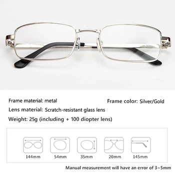 Anti-Scratch Lasīšanas Brilles Retro Laukumā Presbyopic Brilles Ar Stikla Lēcām, Metāla Hyperopia Acu Brilles Vīriešu brilles +3.5+4